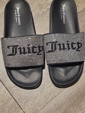 Juicy Couture Black Crystal-Embellished Slide Sandals